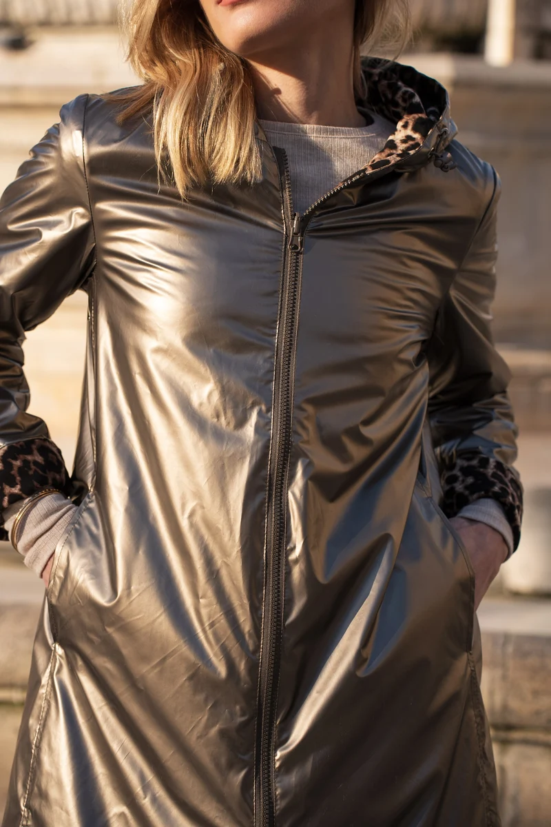 Imperméable réversible long mi-saison léopard choco