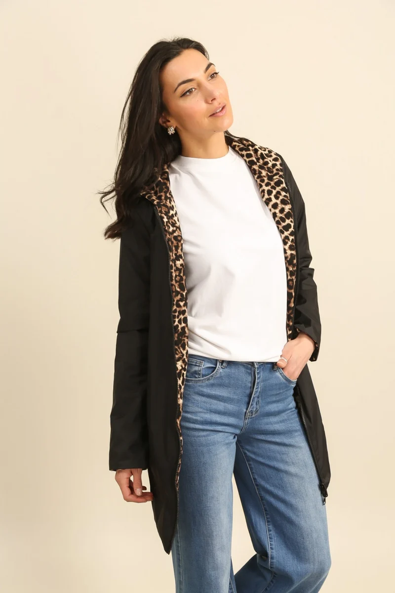 Imperméable réversible long mi-saison léopard choco