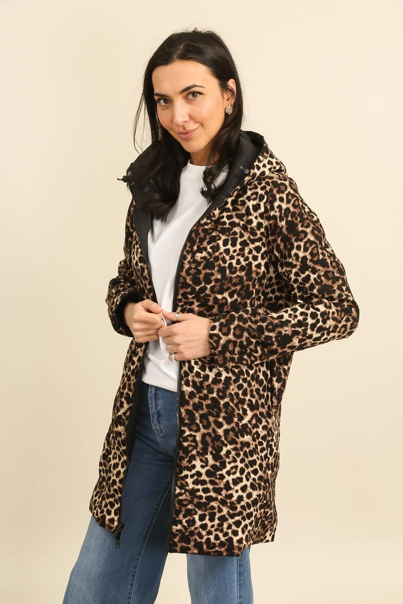 Imperméable réversible long mi-saison léopard choco