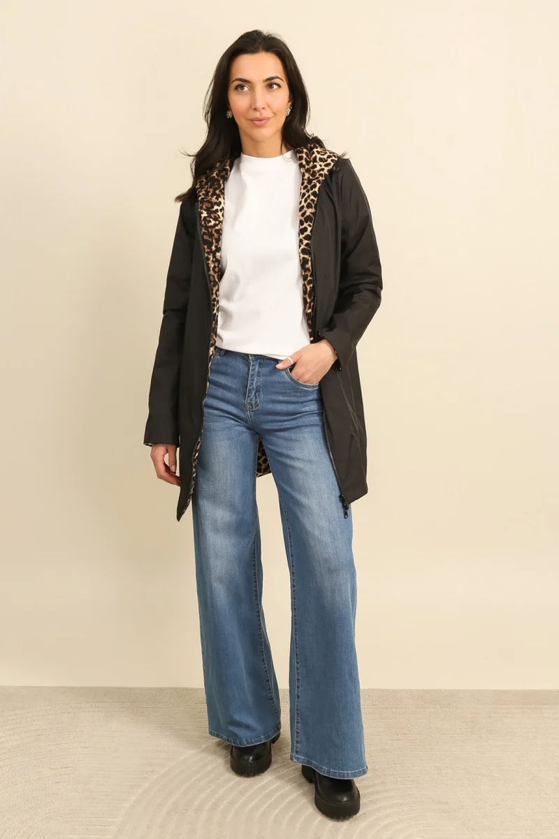 Imperméable réversible long mi-saison léopard choco