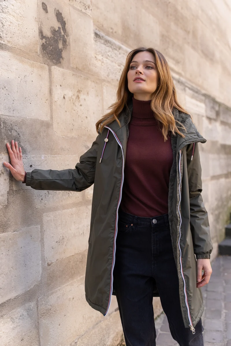 Imperméable fourré long avec cordon
