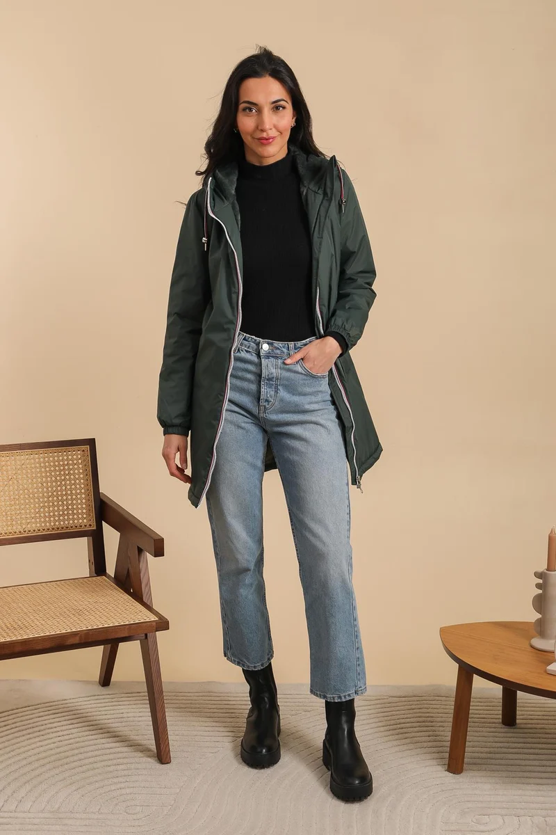 Imperméable fourré long avec cordon
