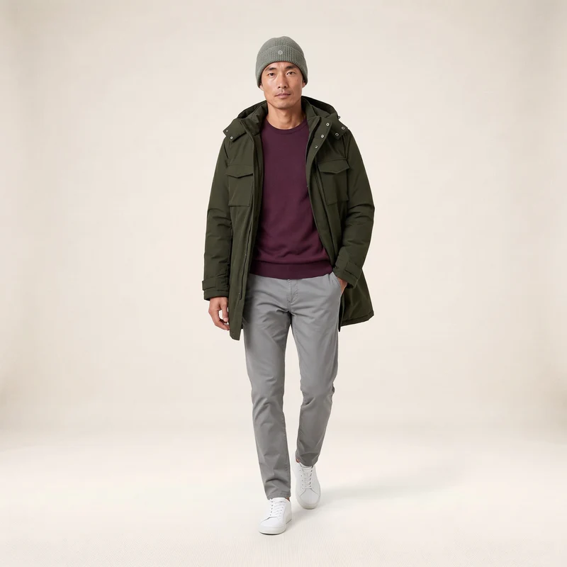 Parka imperméable mi-longue à capuche vert kaki Laurent