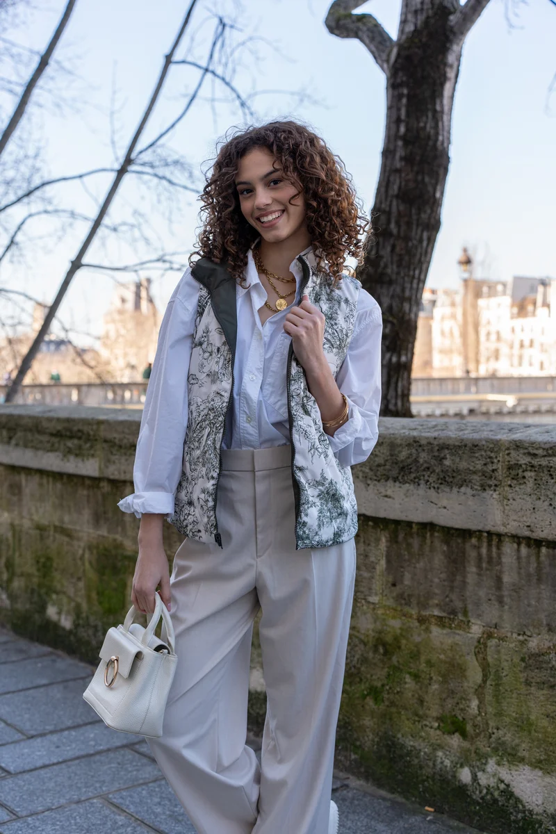 Doudoune sans manches réversible (toile de Jouy florale)