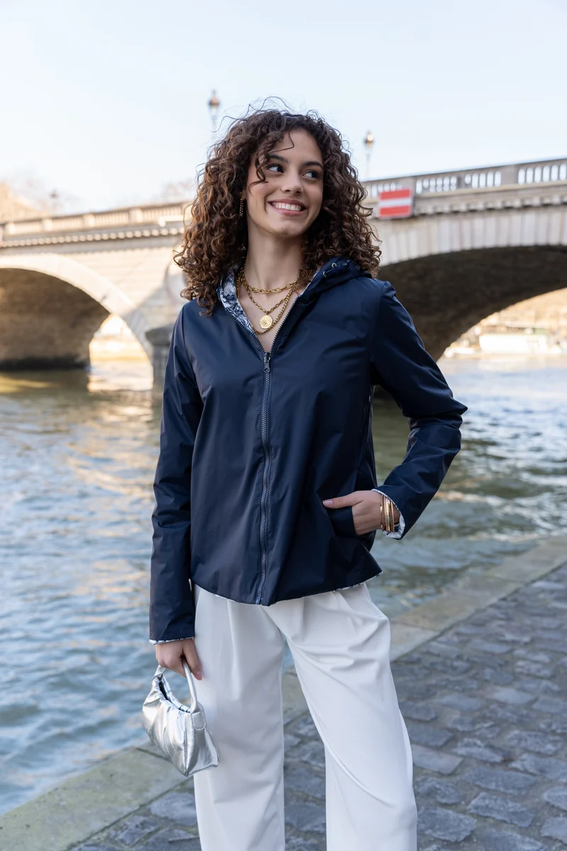 Imperméable réversible court mi-saison (toile de Jouy florale)