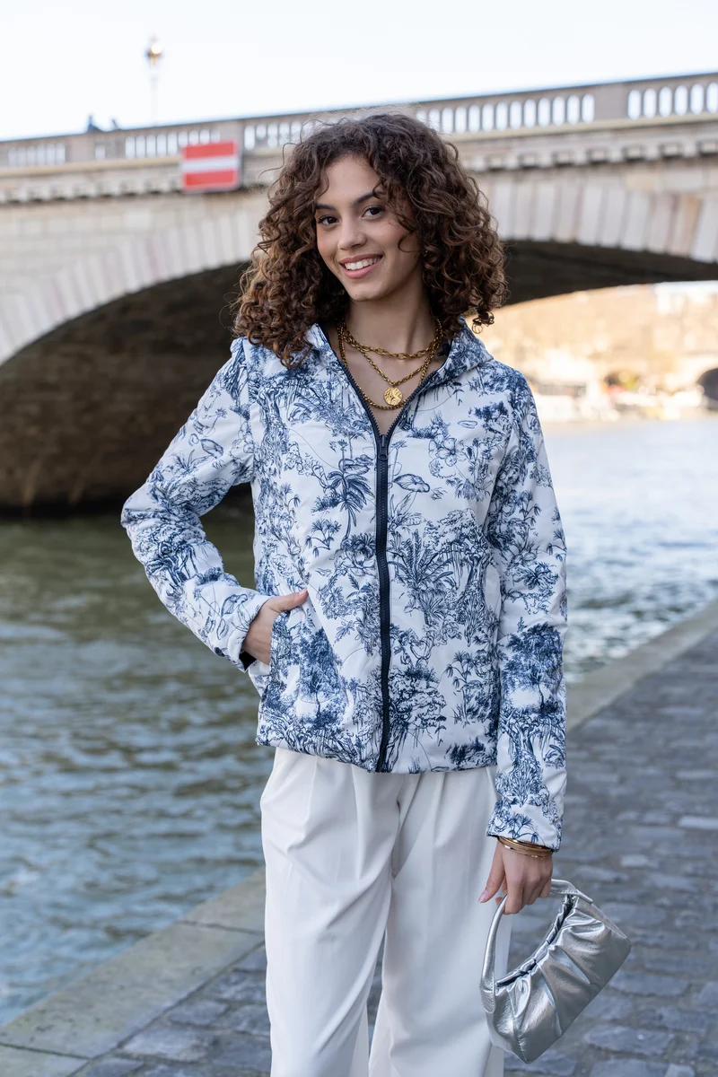 Imperméable réversible court mi-saison (toile de Jouy florale)