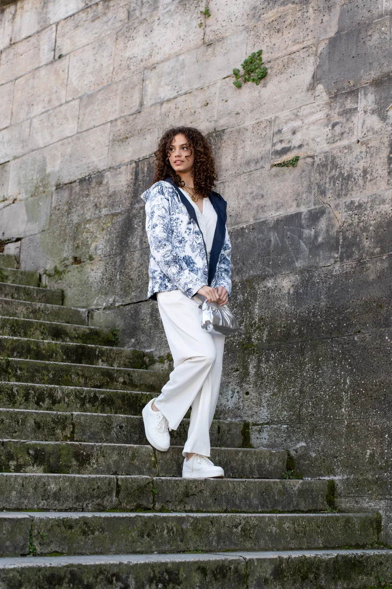 Imperméable réversible court mi-saison (toile de Jouy florale)