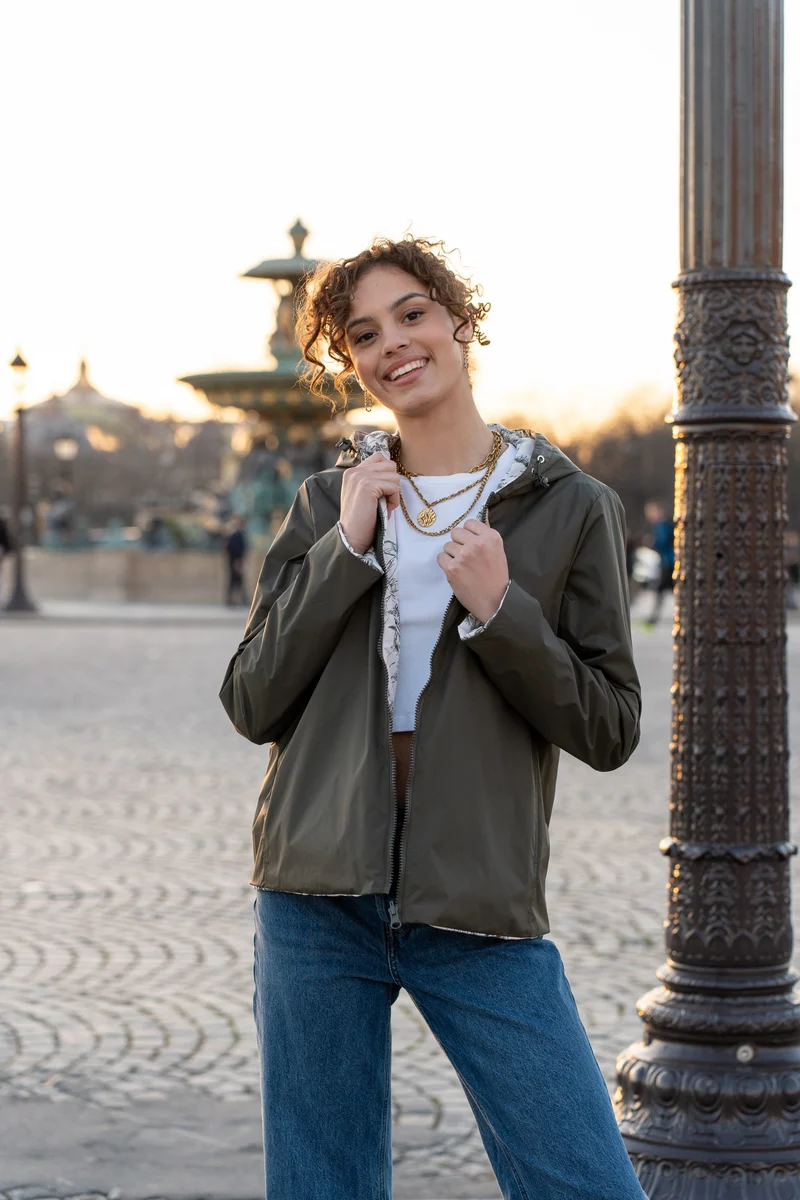 Imperméable réversible court mi-saison (toile de Jouy florale)