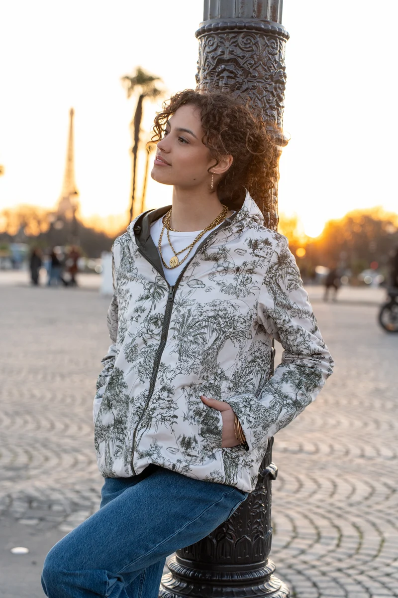 Imperméable réversible court mi-saison (toile de Jouy florale)