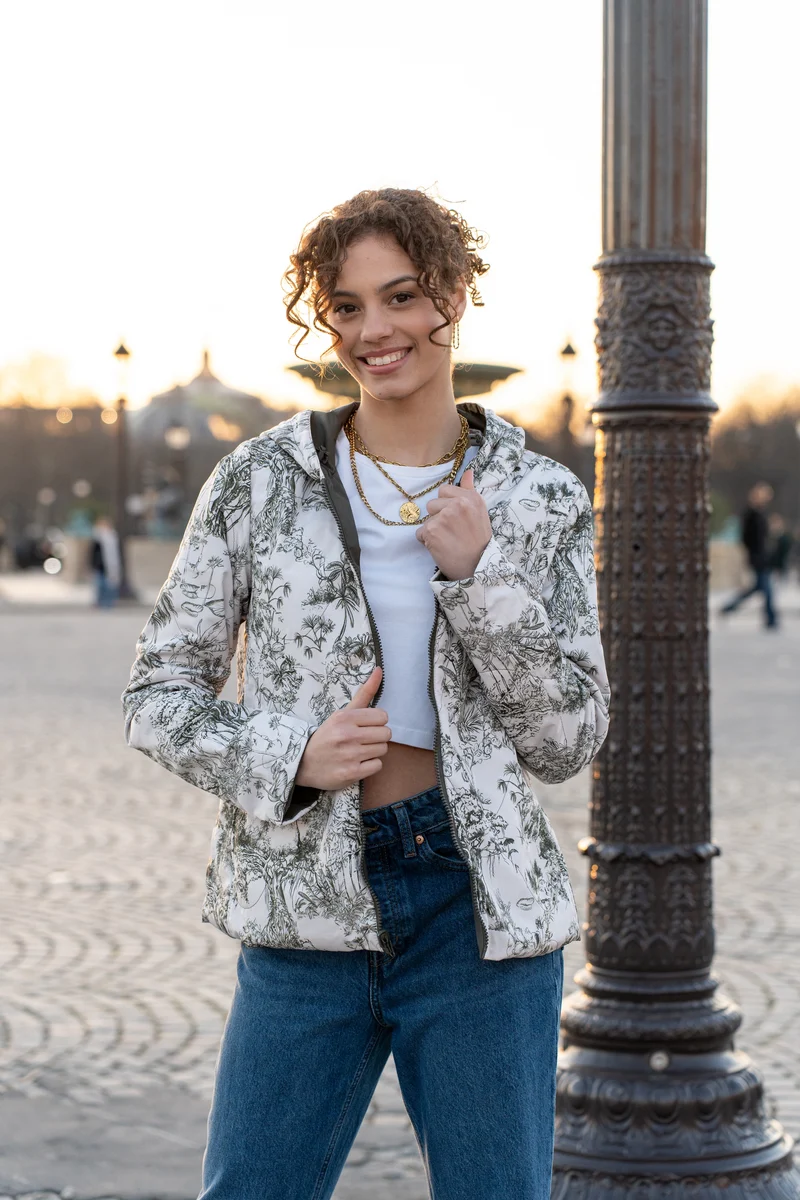 Imperméable réversible court mi-saison (toile de Jouy florale)