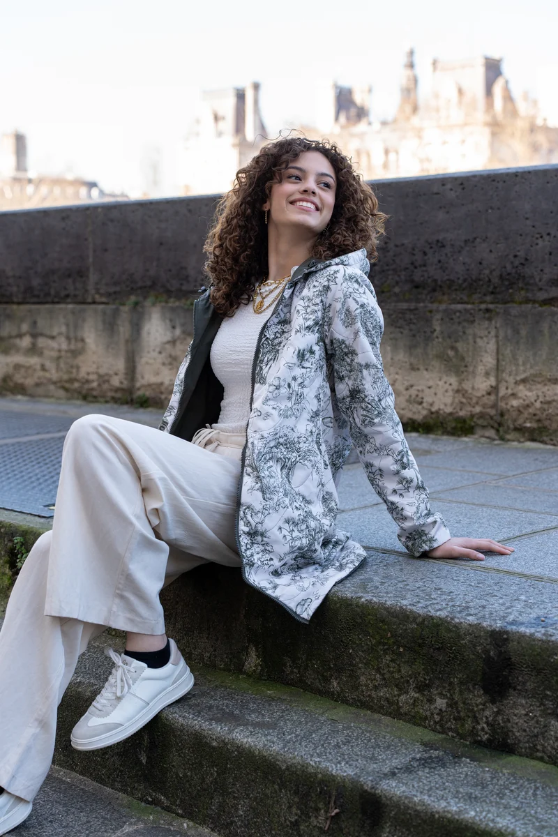Imperméable réversible long mi-saison (toile de Jouy florale)
