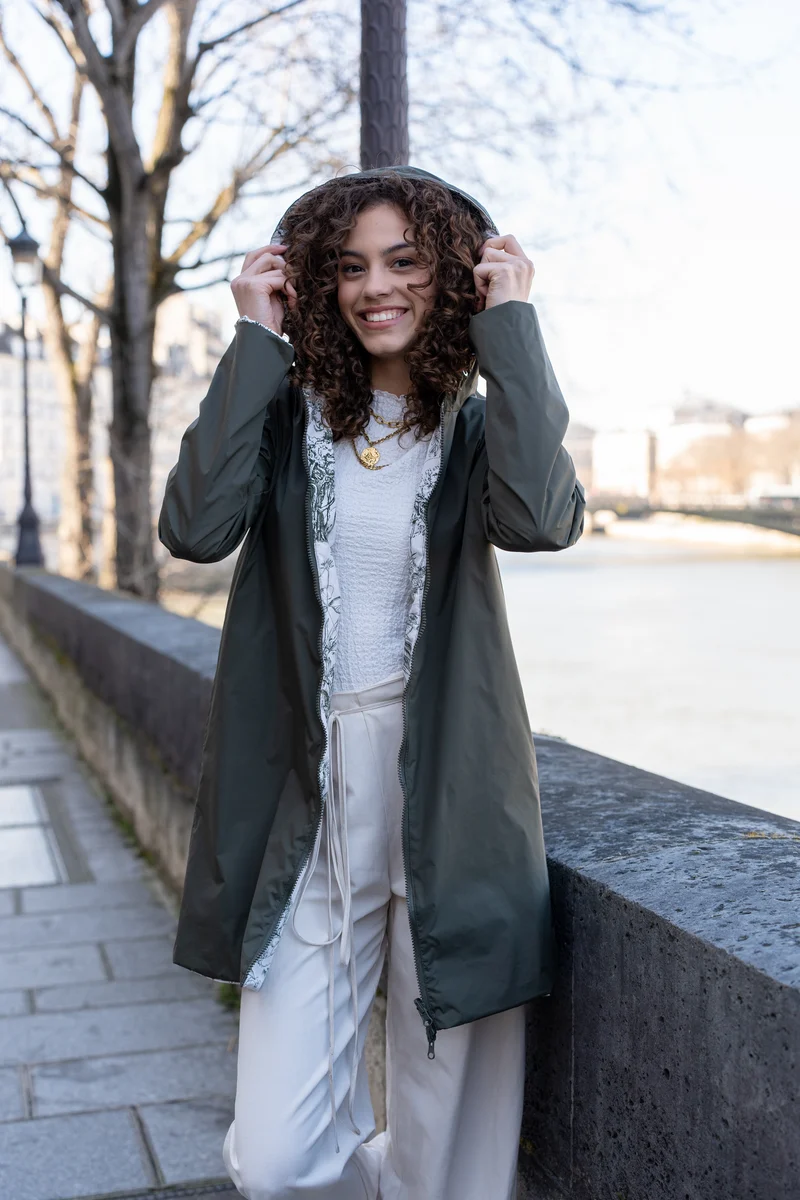 Imperméable réversible long mi-saison (toile de Jouy florale)