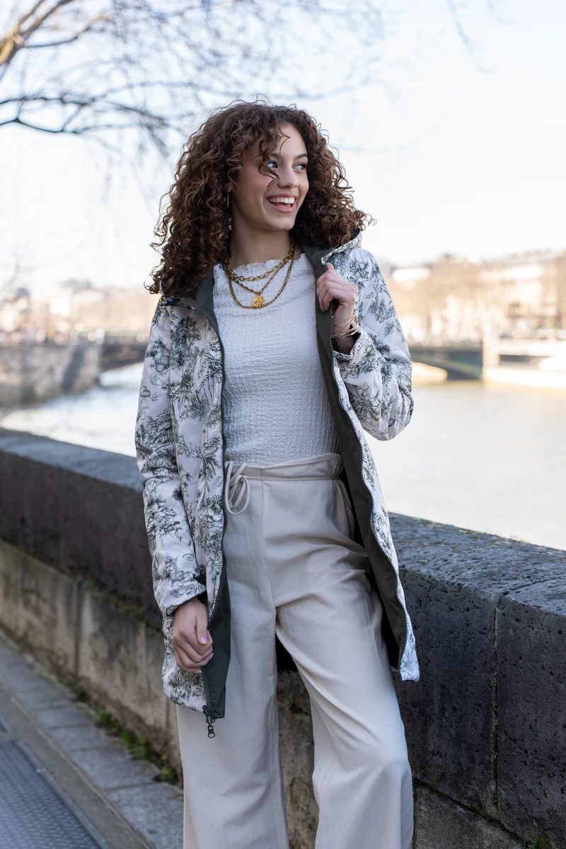 Imperméable réversible long mi-saison (toile de Jouy florale)