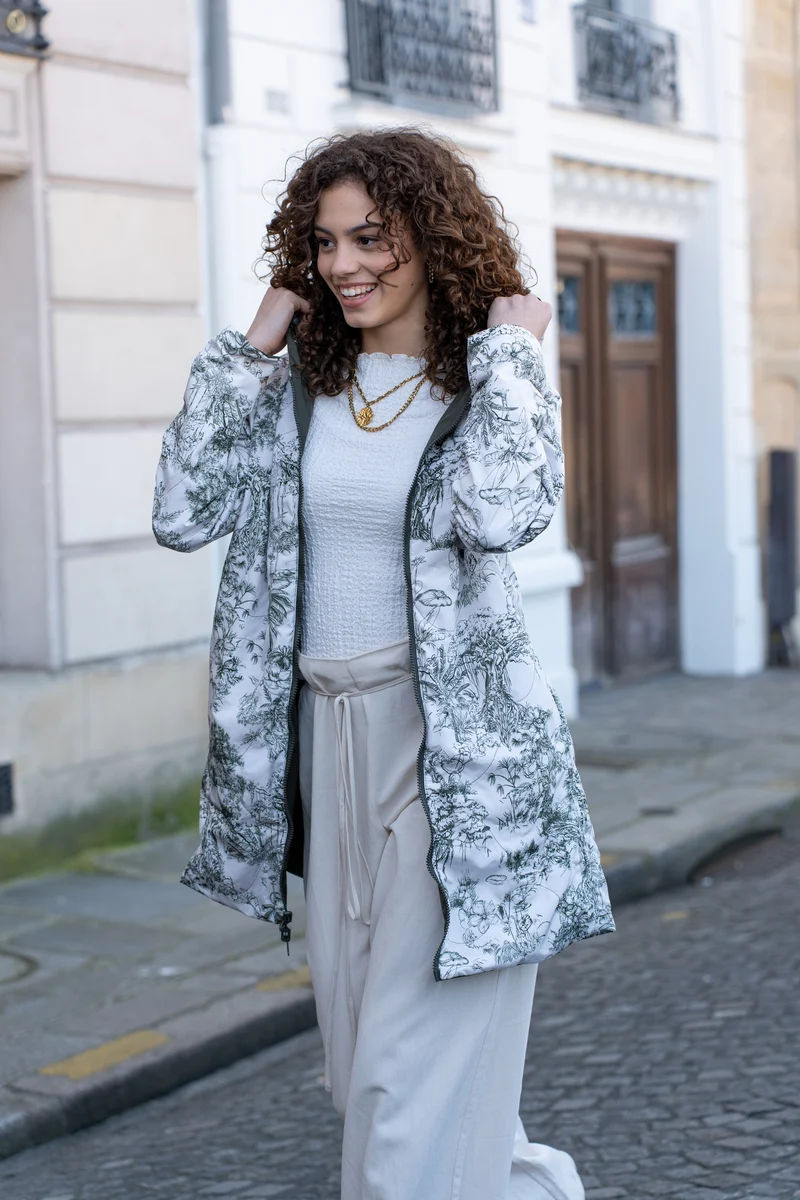 Imperméable réversible long mi-saison (toile de Jouy florale)