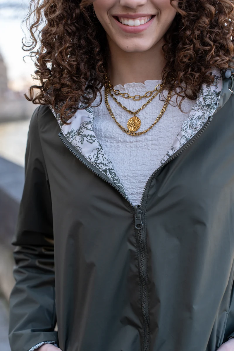 Imperméable réversible long mi-saison (toile de Jouy florale)