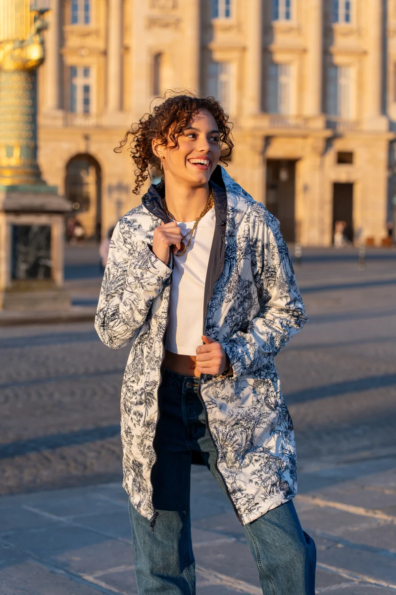 Imperméable réversible long mi-saison (toile de Jouy florale)
