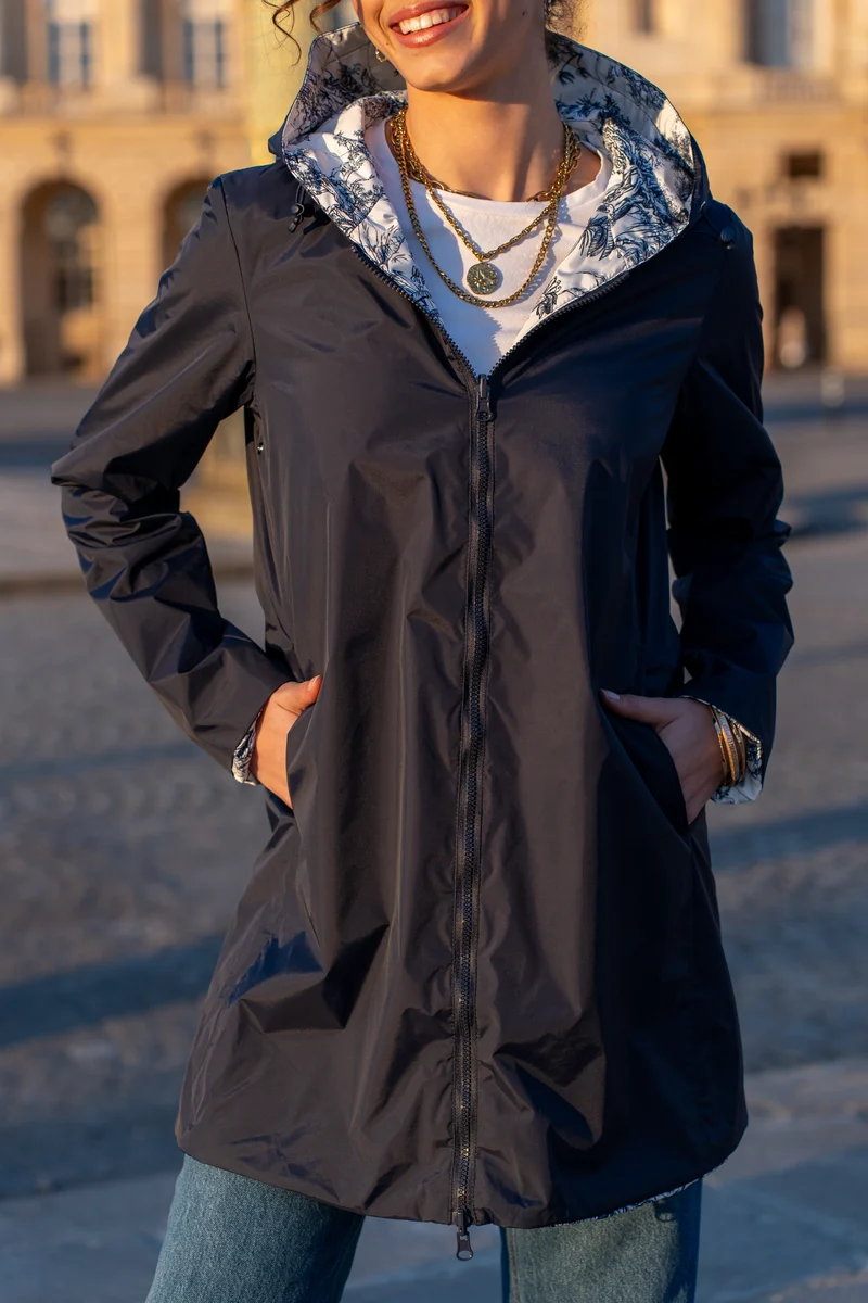 Imperméable réversible long mi-saison (toile de Jouy florale)