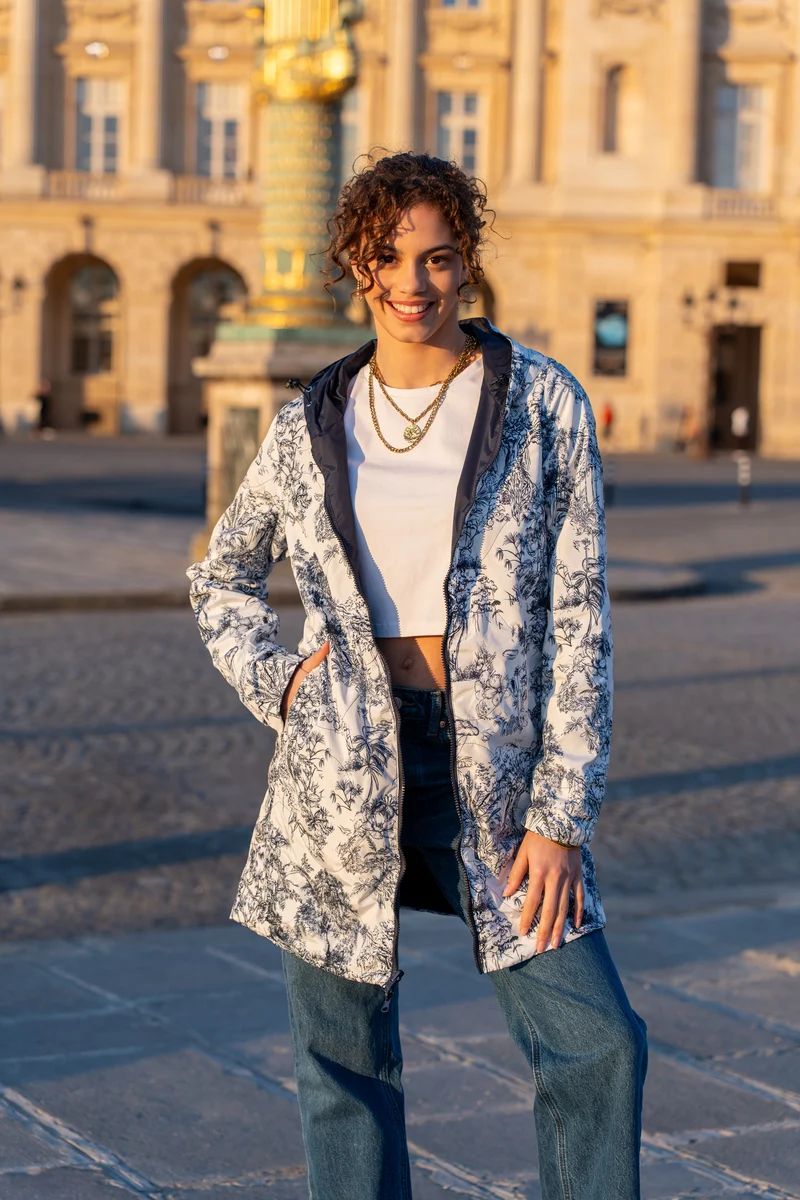 Imperméable réversible long mi-saison (toile de Jouy florale)