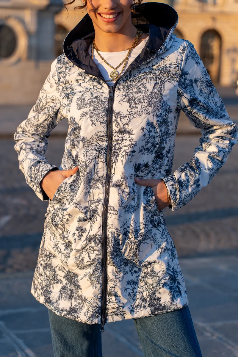 Imperméable réversible long mi-saison (toile de Jouy florale)