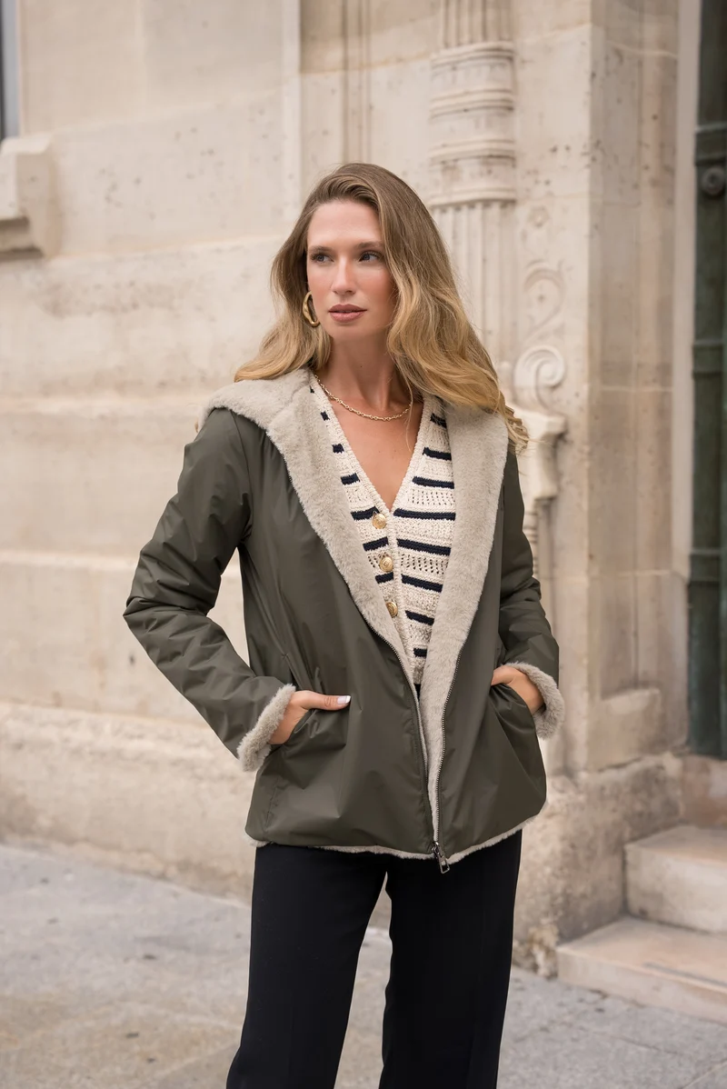 Imperméable fourré réversible court bicolore