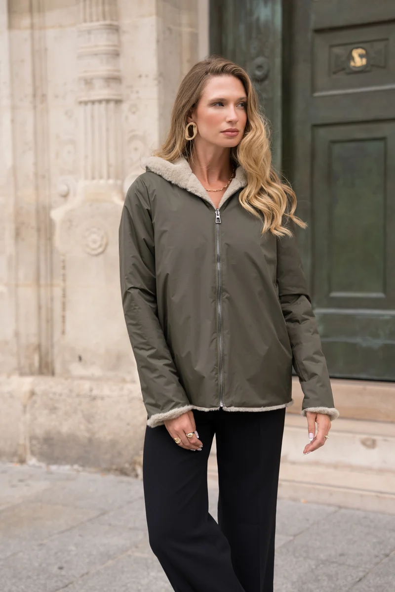 Imperméable fourré réversible court bicolore