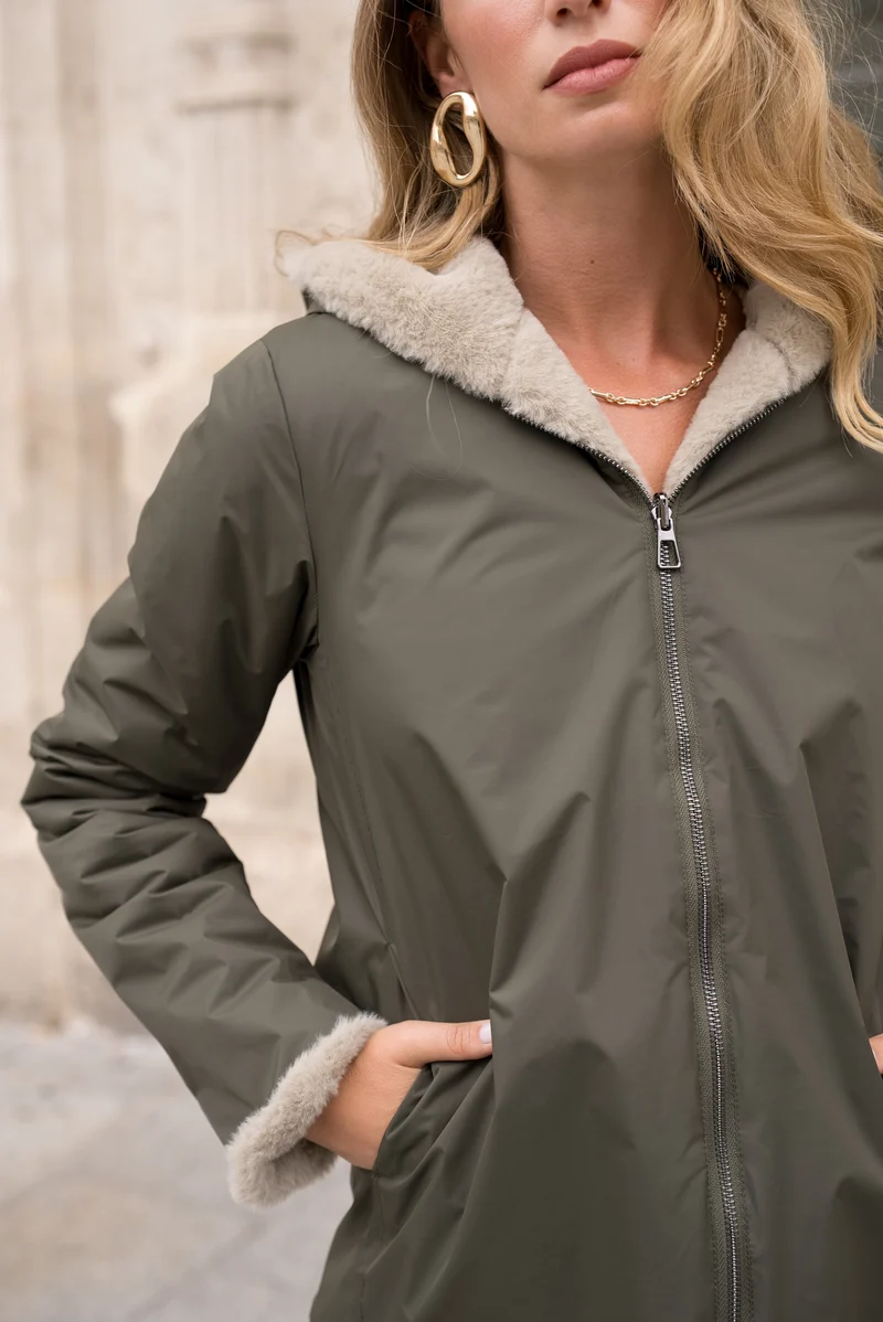 Imperméable fourré réversible court bicolore