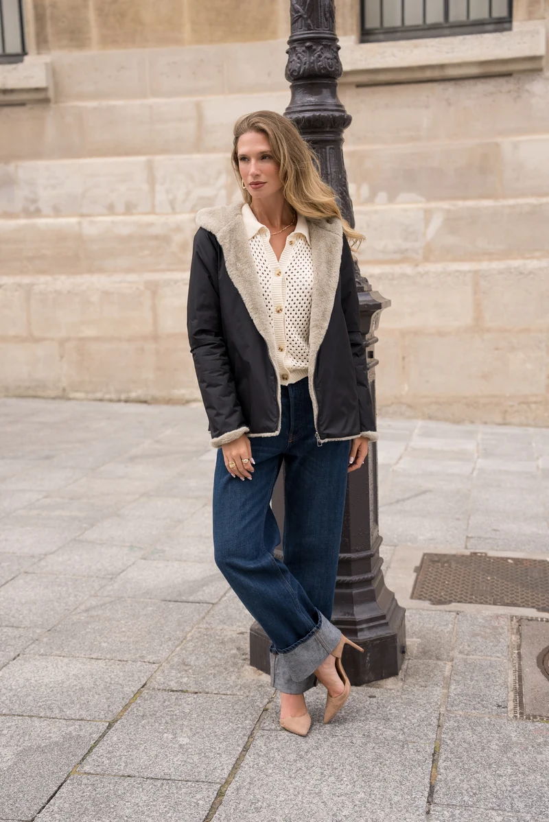 Imperméable fourré réversible court bicolore
