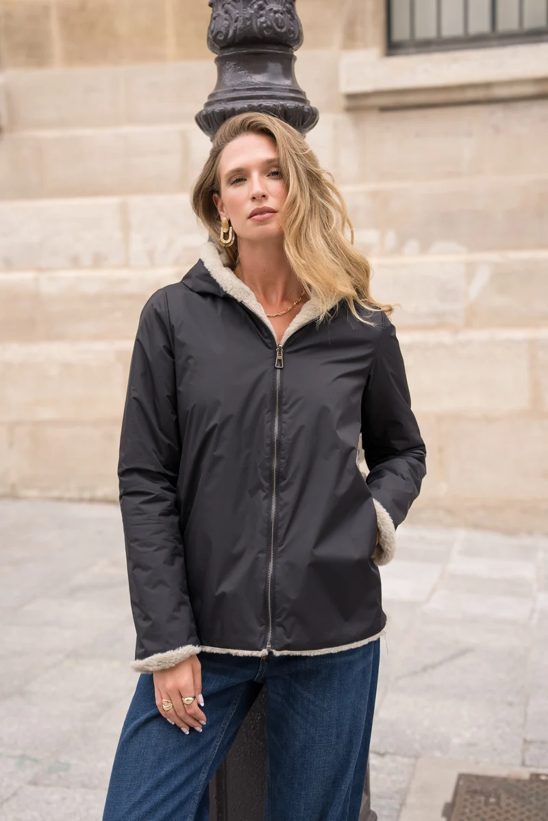 Imperméable fourré réversible court bicolore