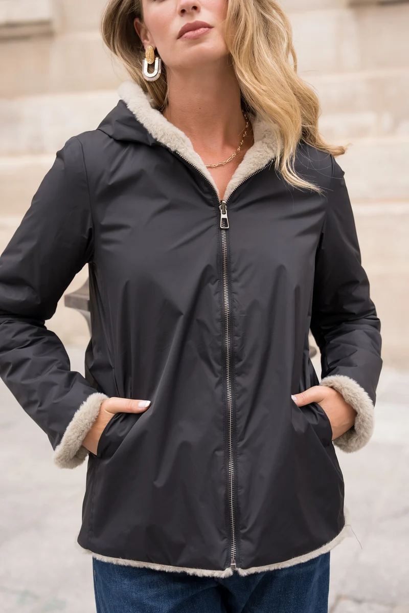 Imperméable fourré réversible court bicolore