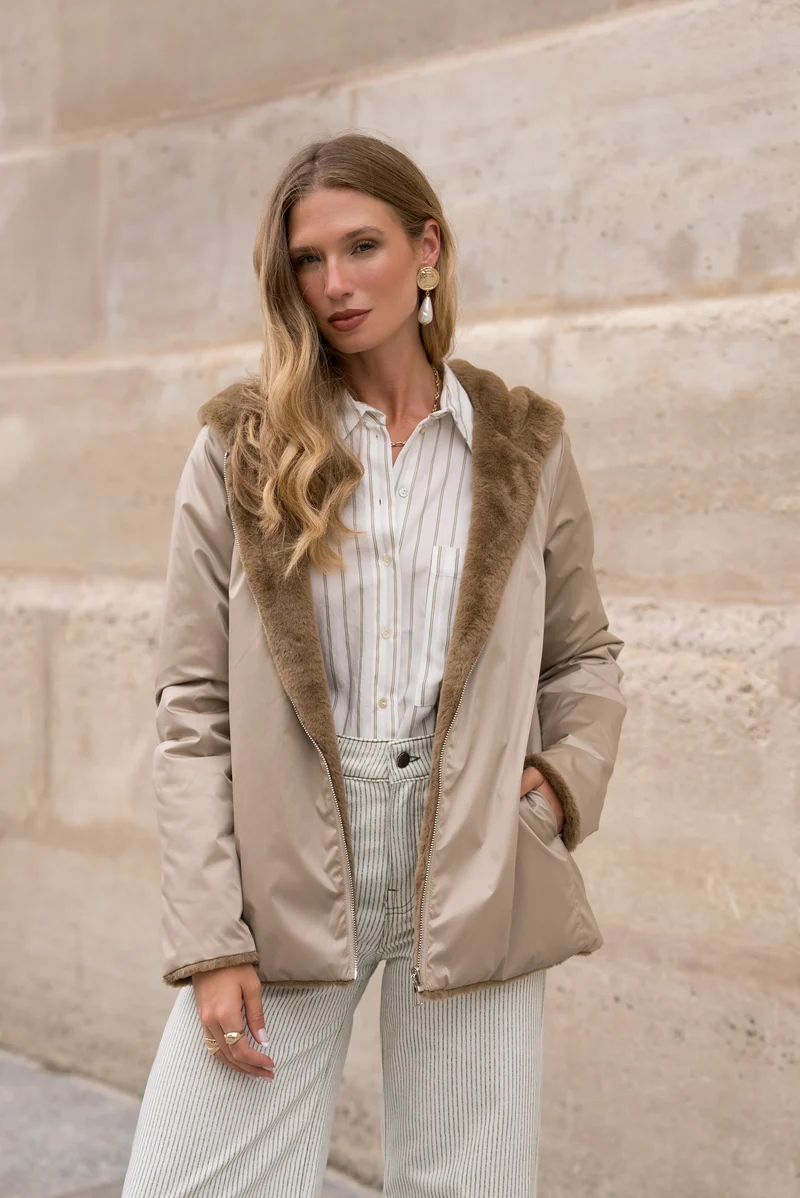 Imperméable fourré réversible court bicolore