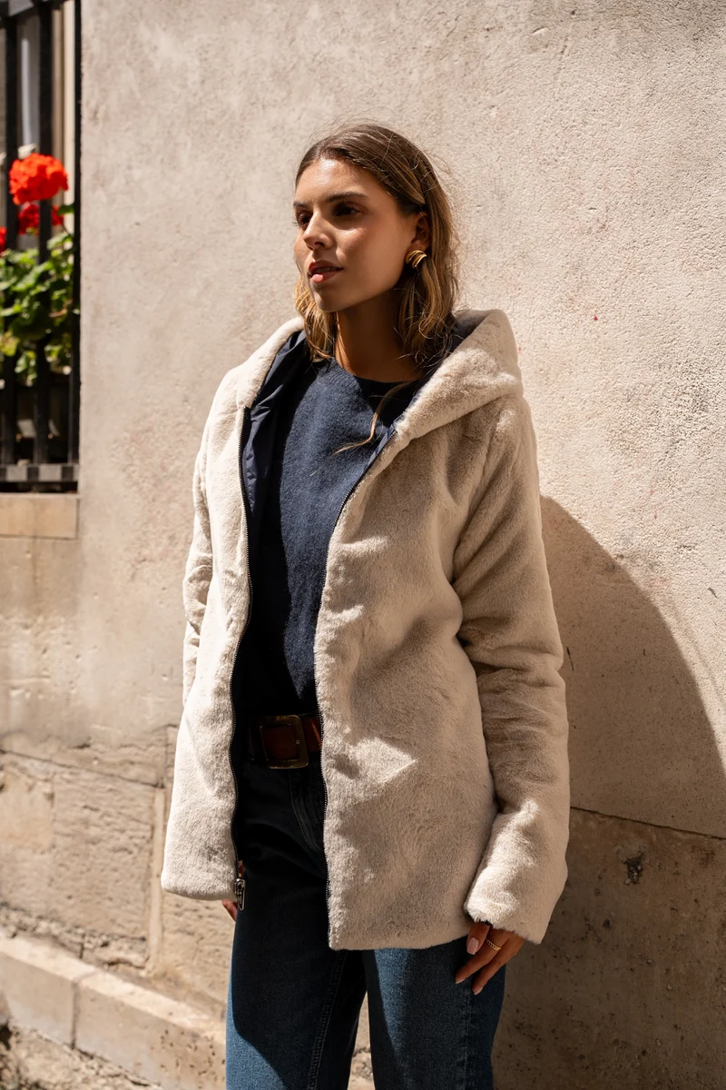 Imperméable fourré réversible court bicolore