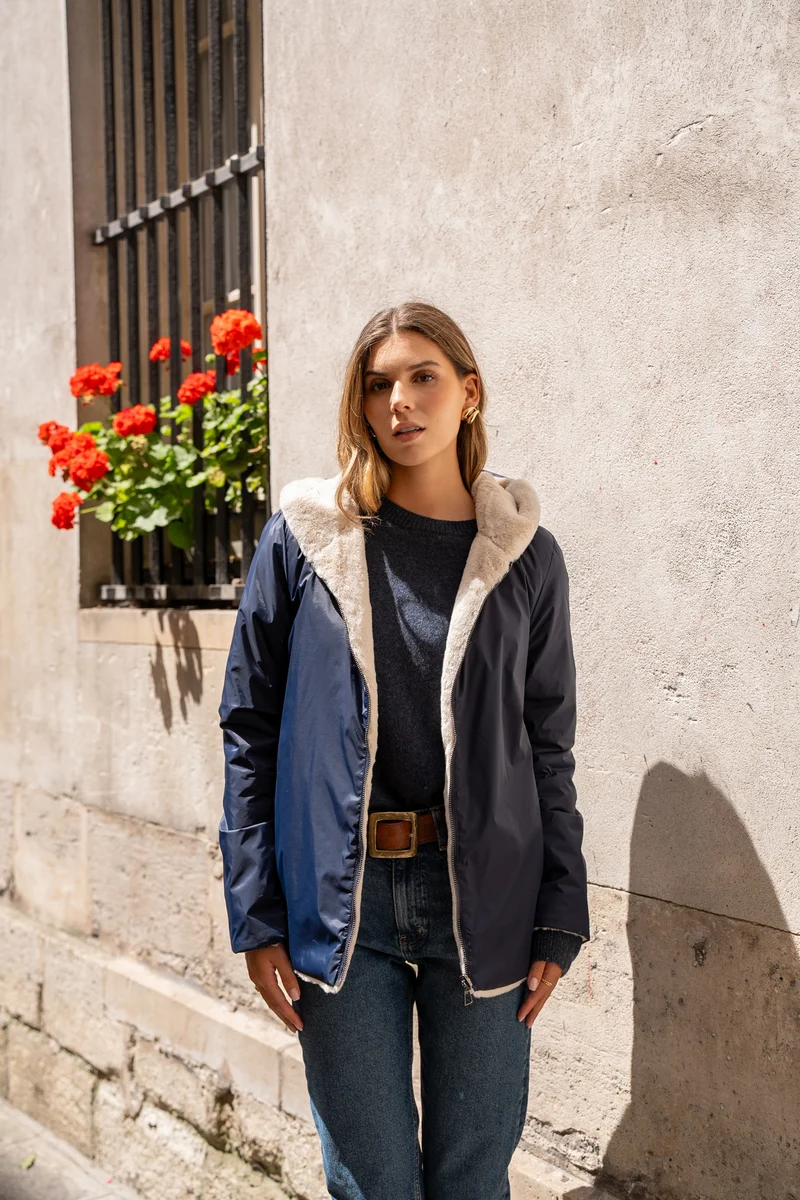 Imperméable fourré réversible court bicolore
