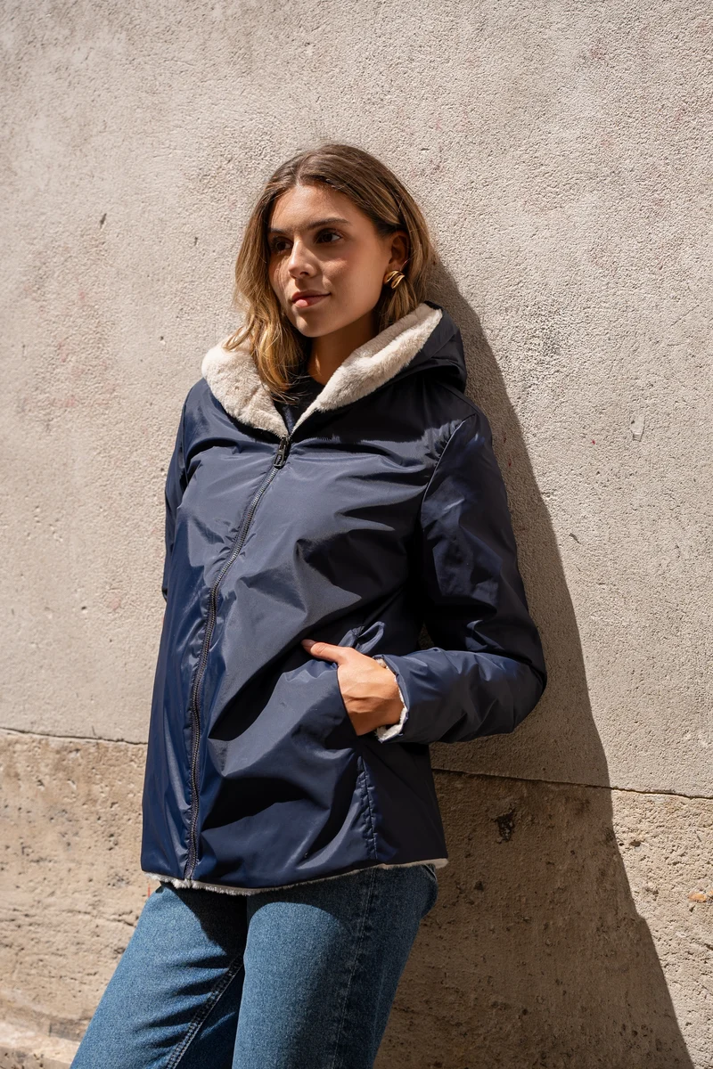 Imperméable fourré réversible court bicolore