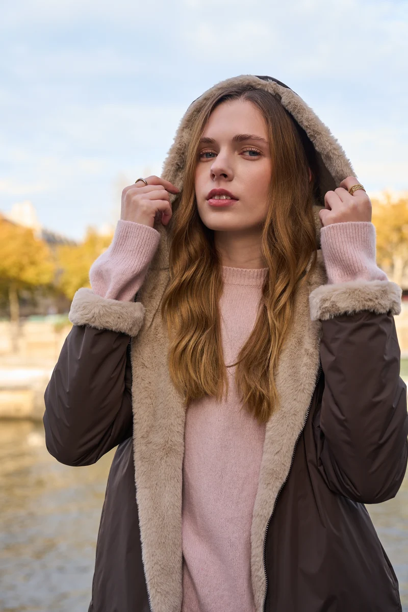 Imperméable fourré réversible court bicolore