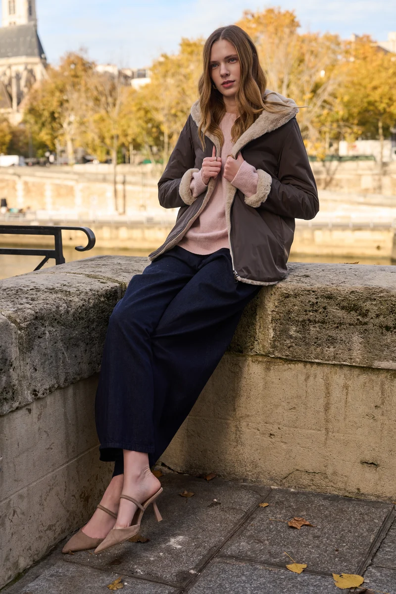 Imperméable fourré réversible court bicolore
