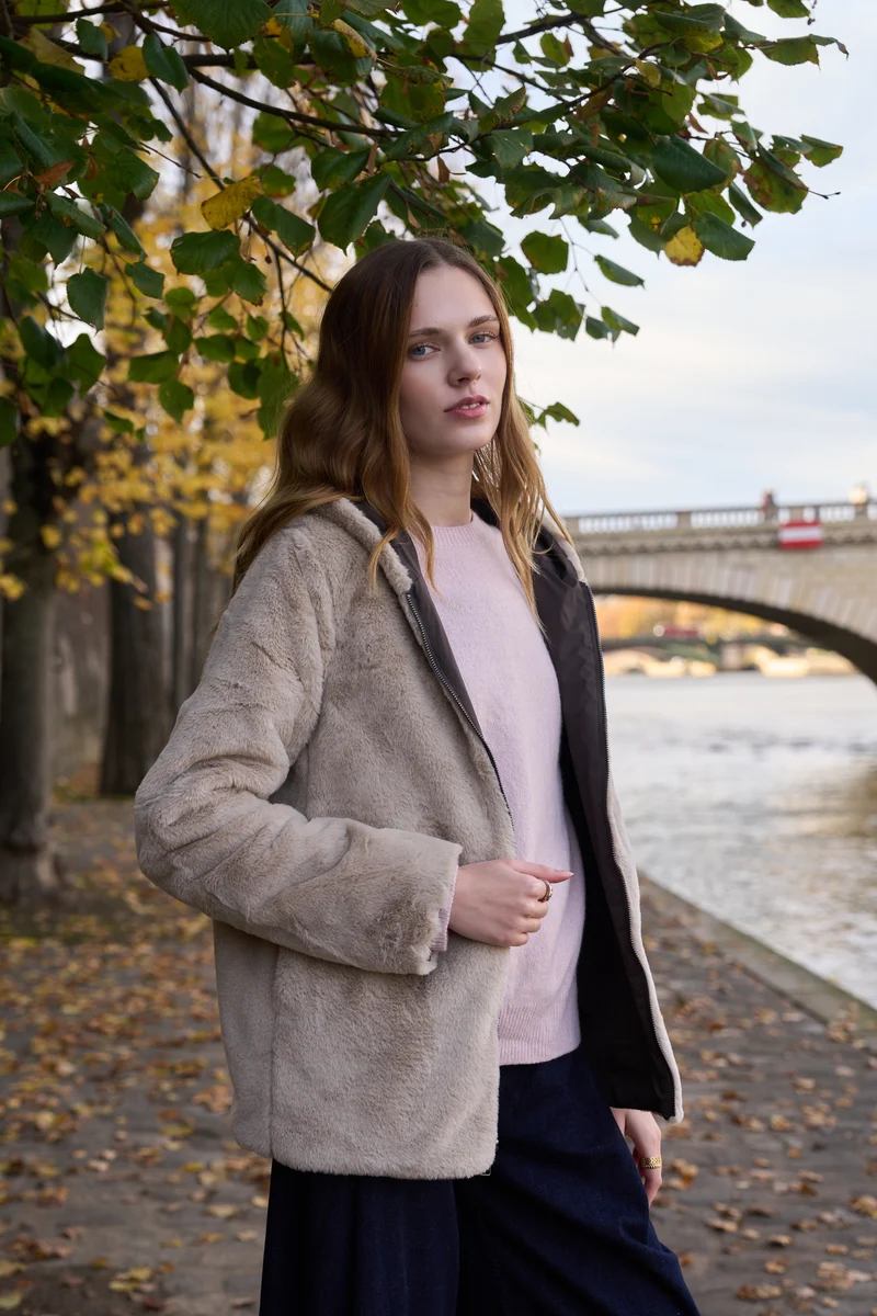 Imperméable fourré réversible court bicolore