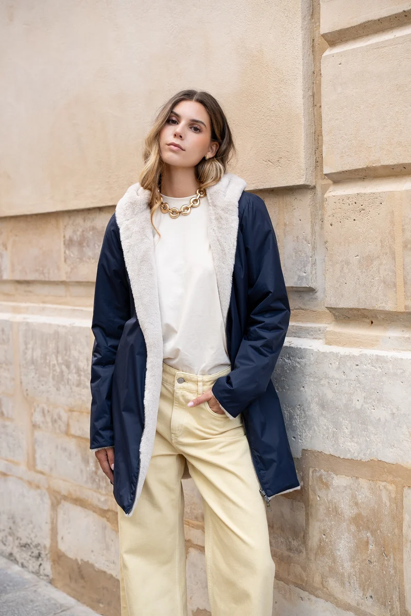 Imperméable fourré réversible long bicolore