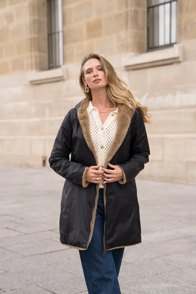 Imperméable fourré réversible long bicolore