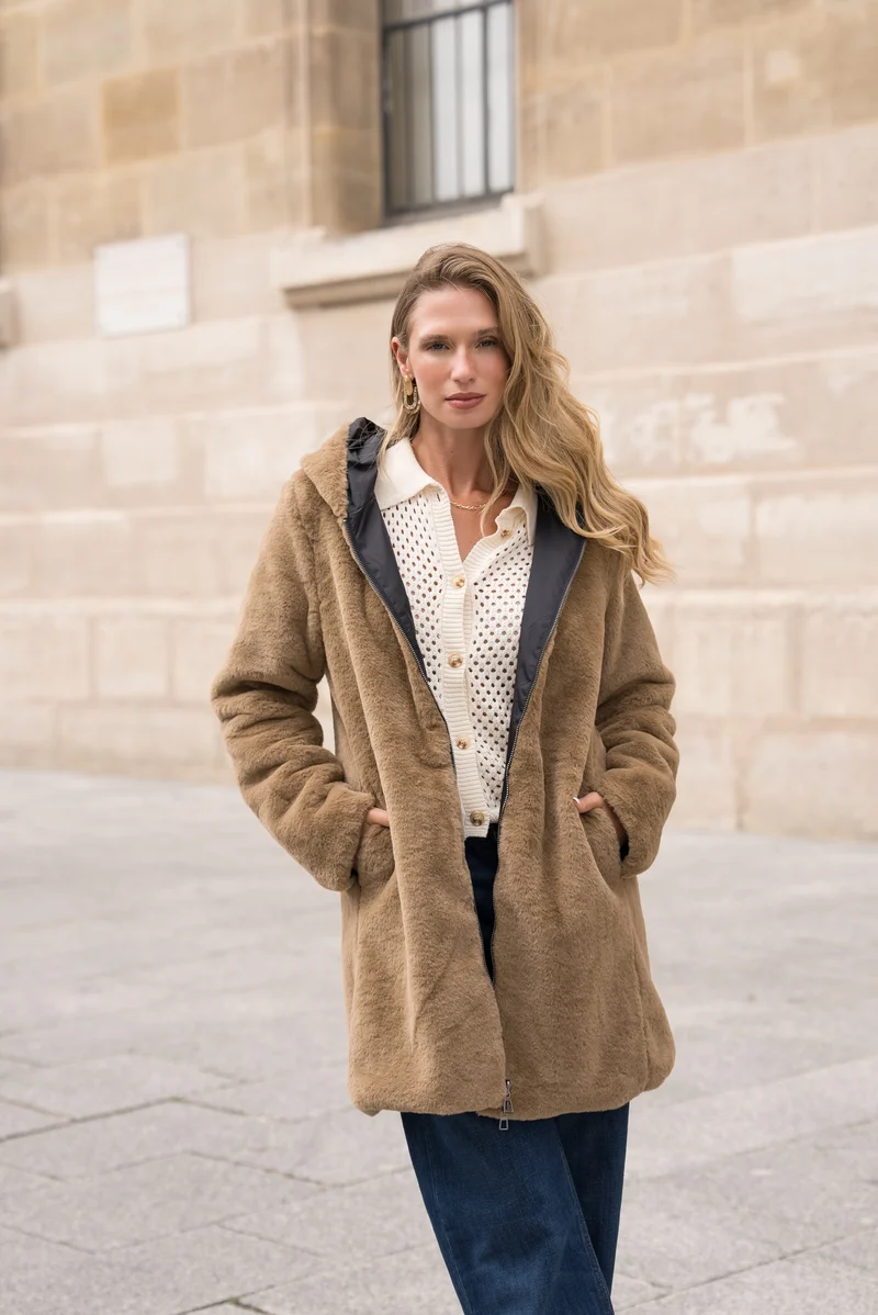 Imperméable fourré réversible long bicolore