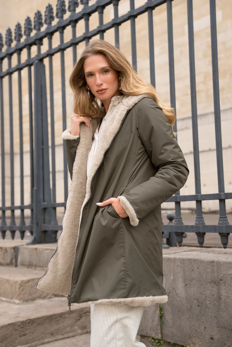Imperméable fourré réversible long bicolore