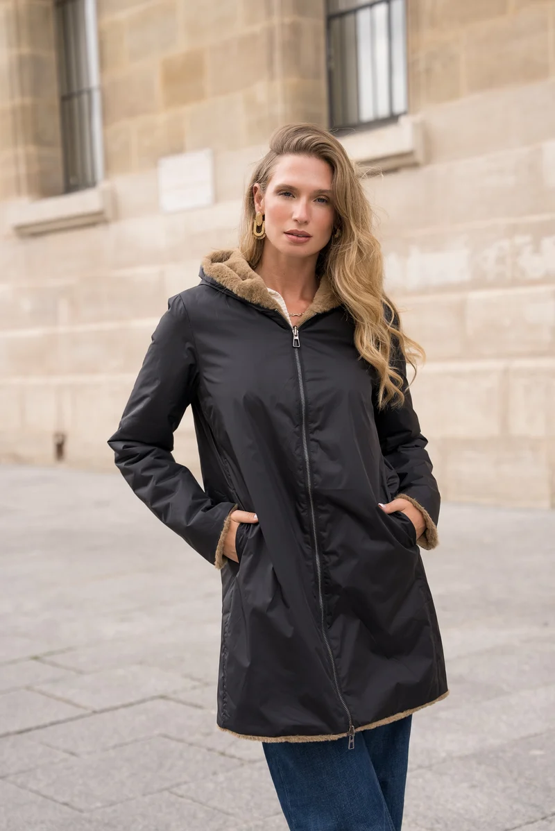 Imperméable fourré réversible long bicolore