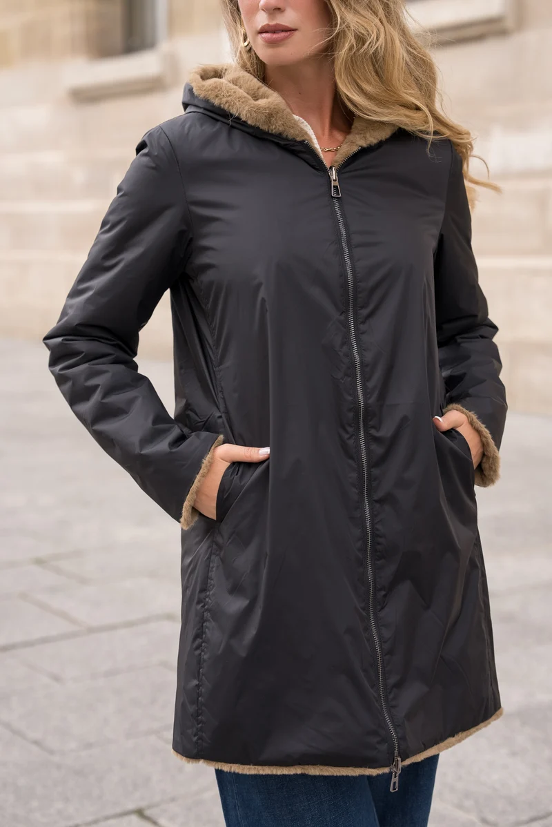 Imperméable fourré réversible long bicolore