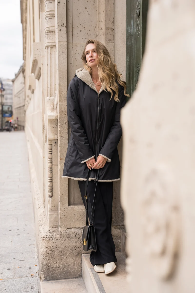 Imperméable fourré réversible long bicolore