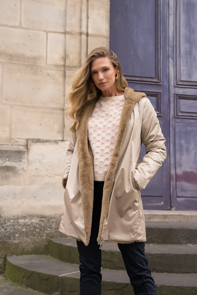 Imperméable fourré réversible long bicolore