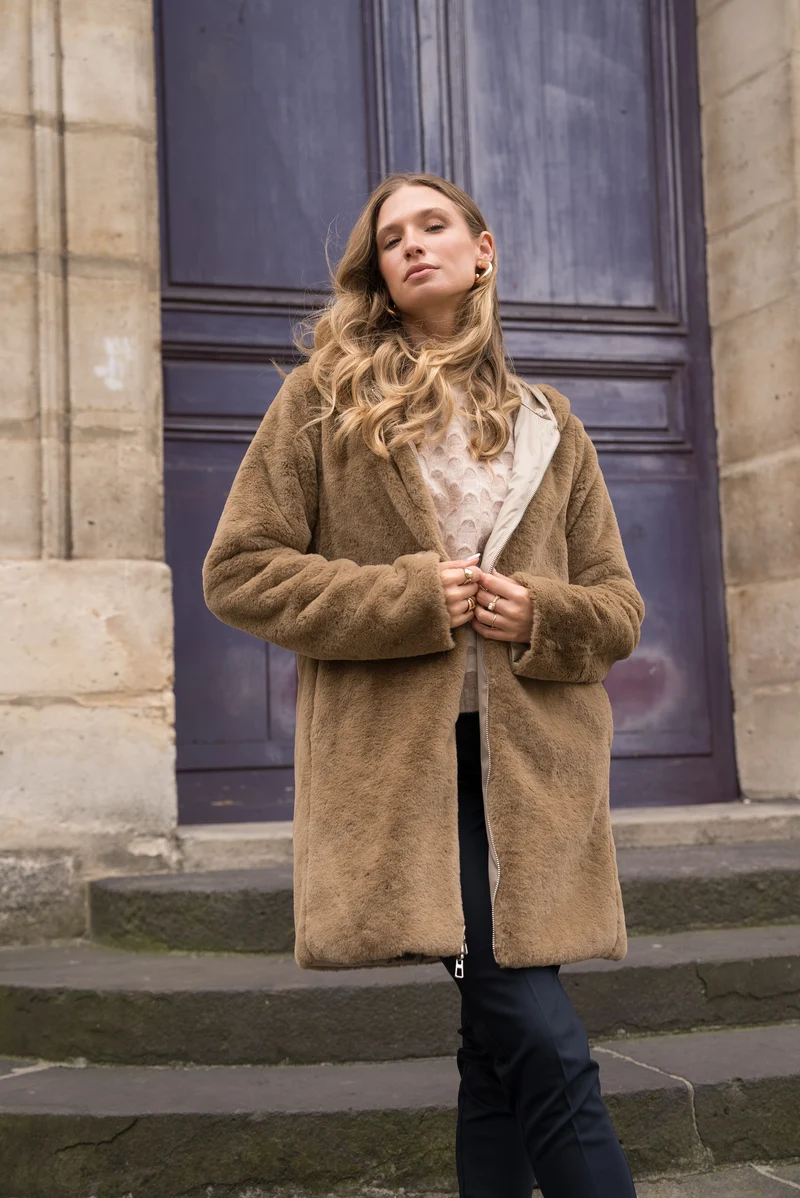 Imperméable fourré réversible long bicolore