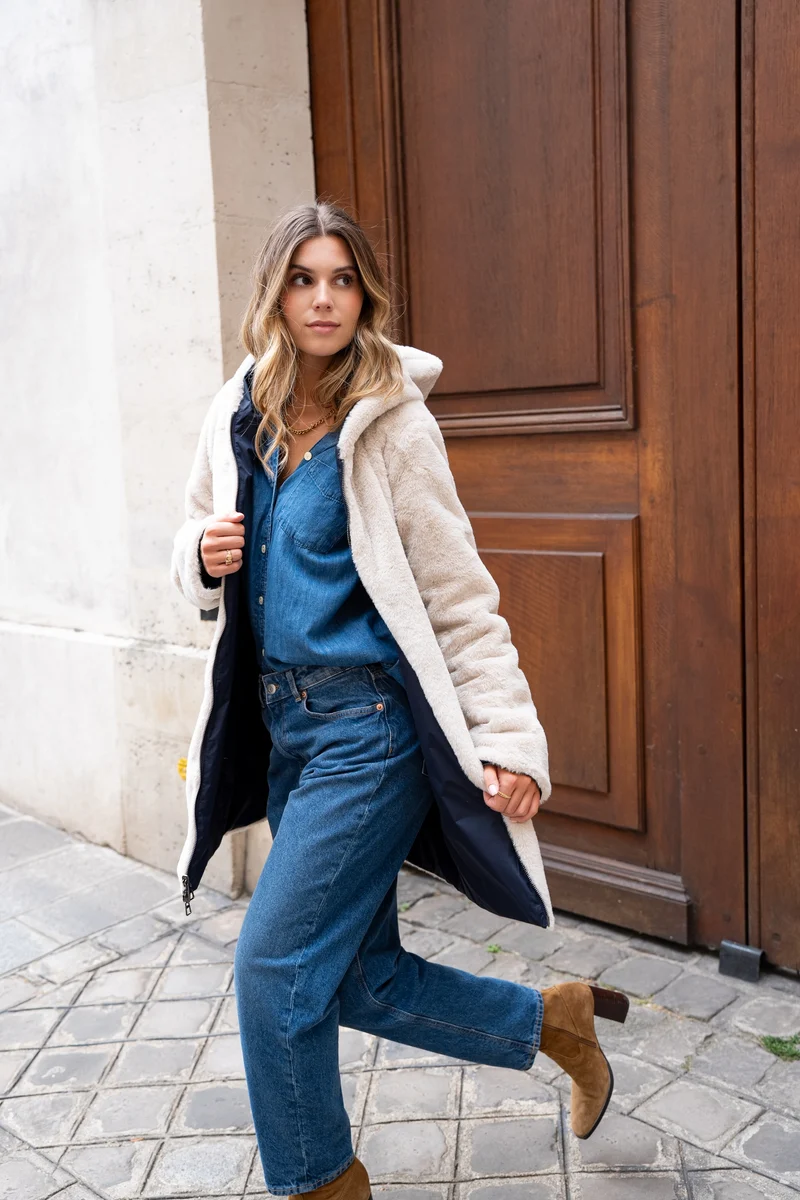 Imperméable fourré réversible long bicolore