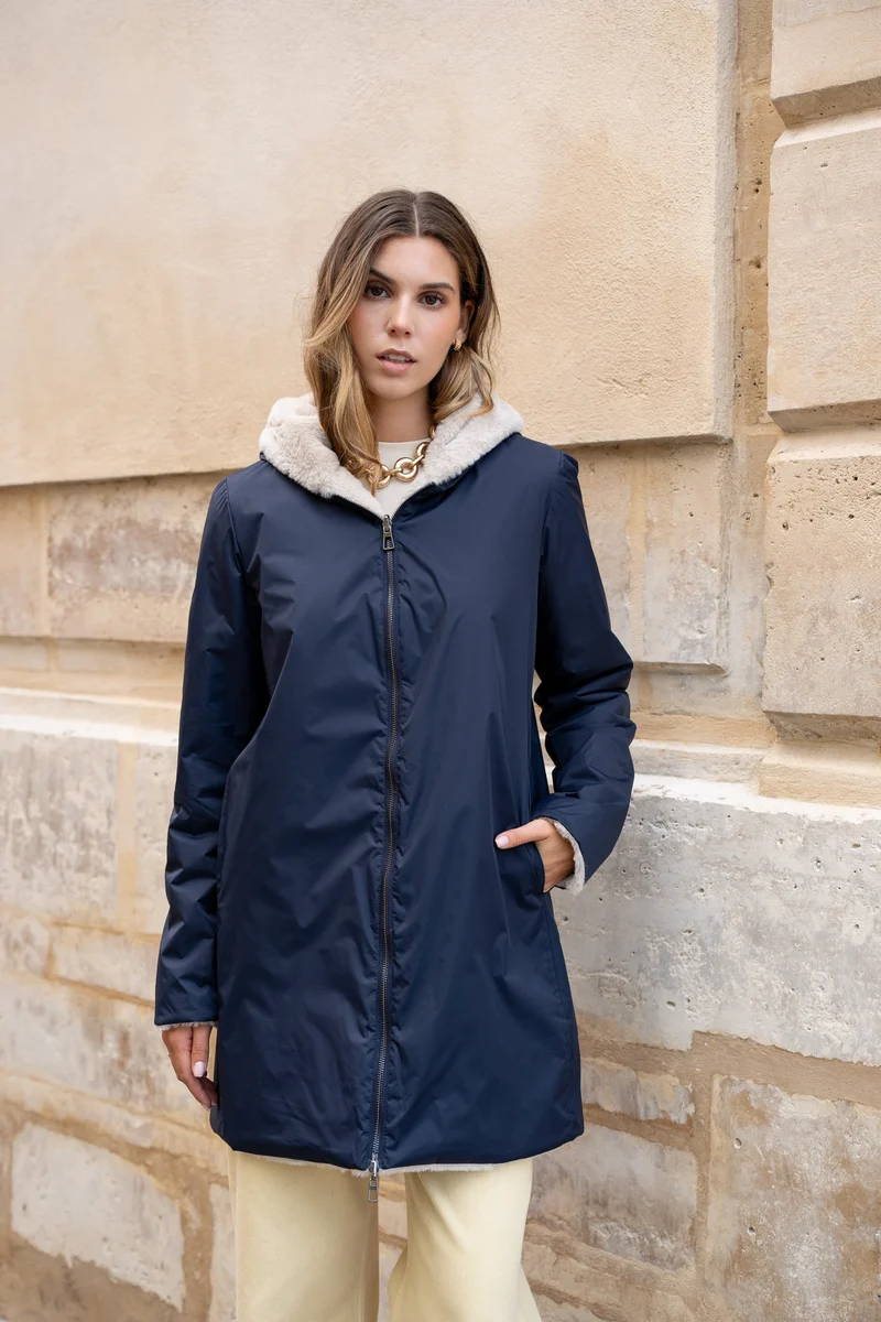 Imperméable fourré réversible long bicolore