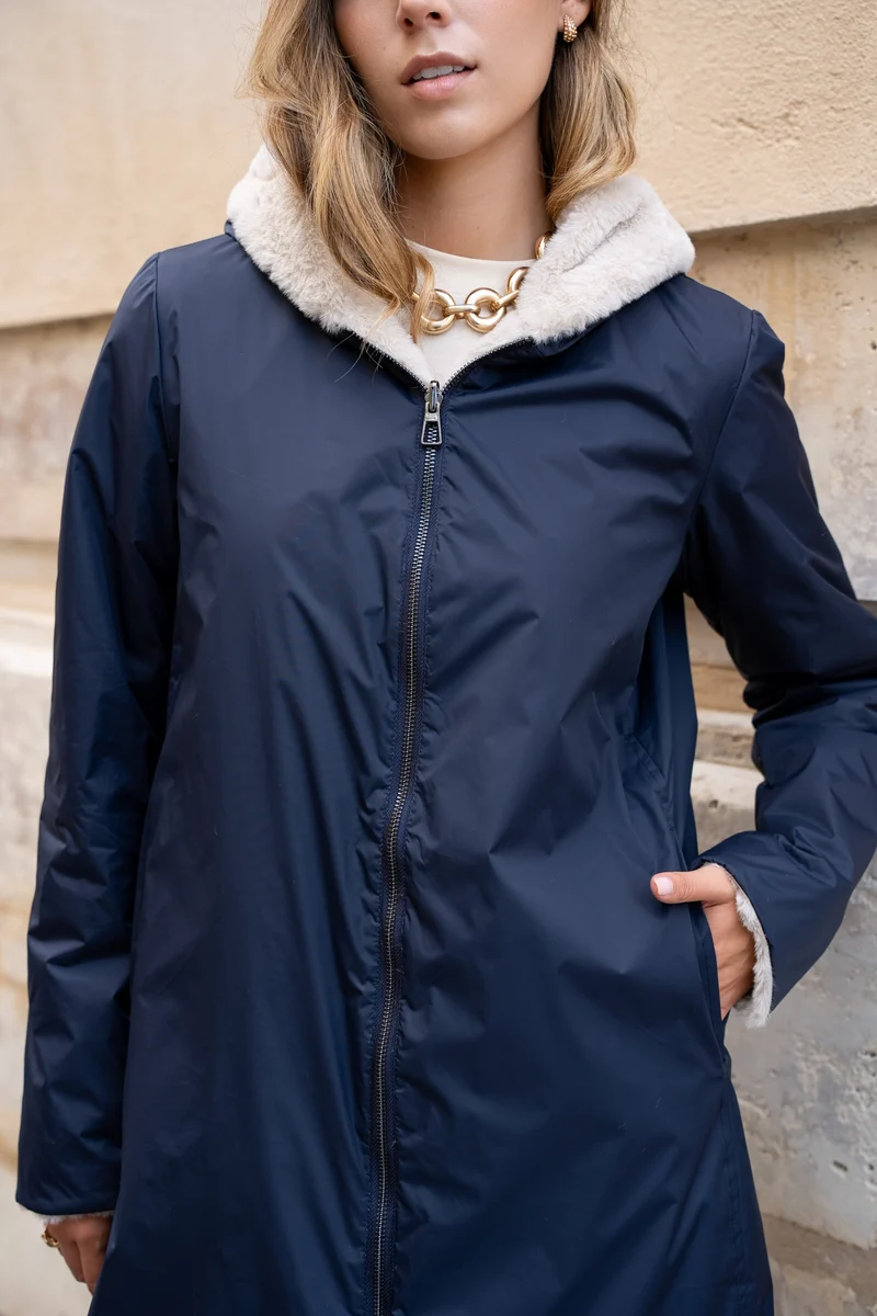 Imperméable fourré réversible long bicolore