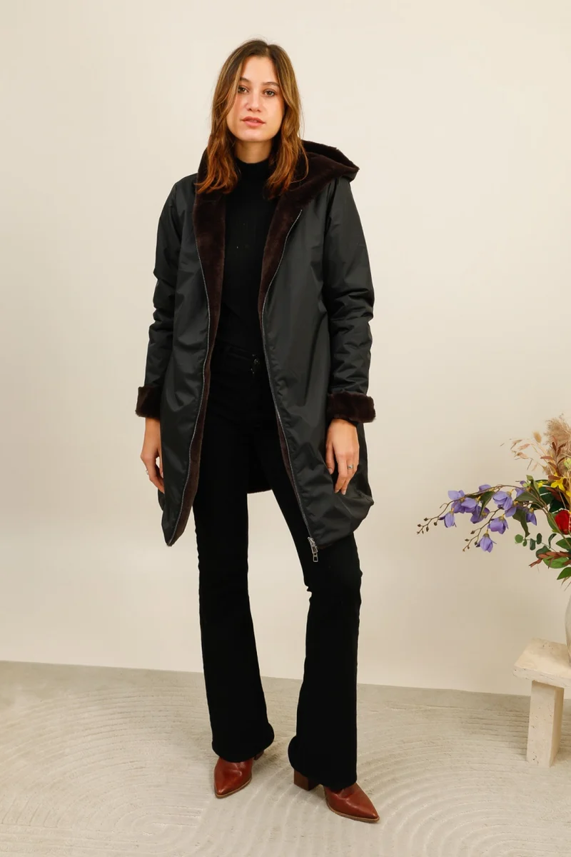 Imperméable fourré réversible long bicolore