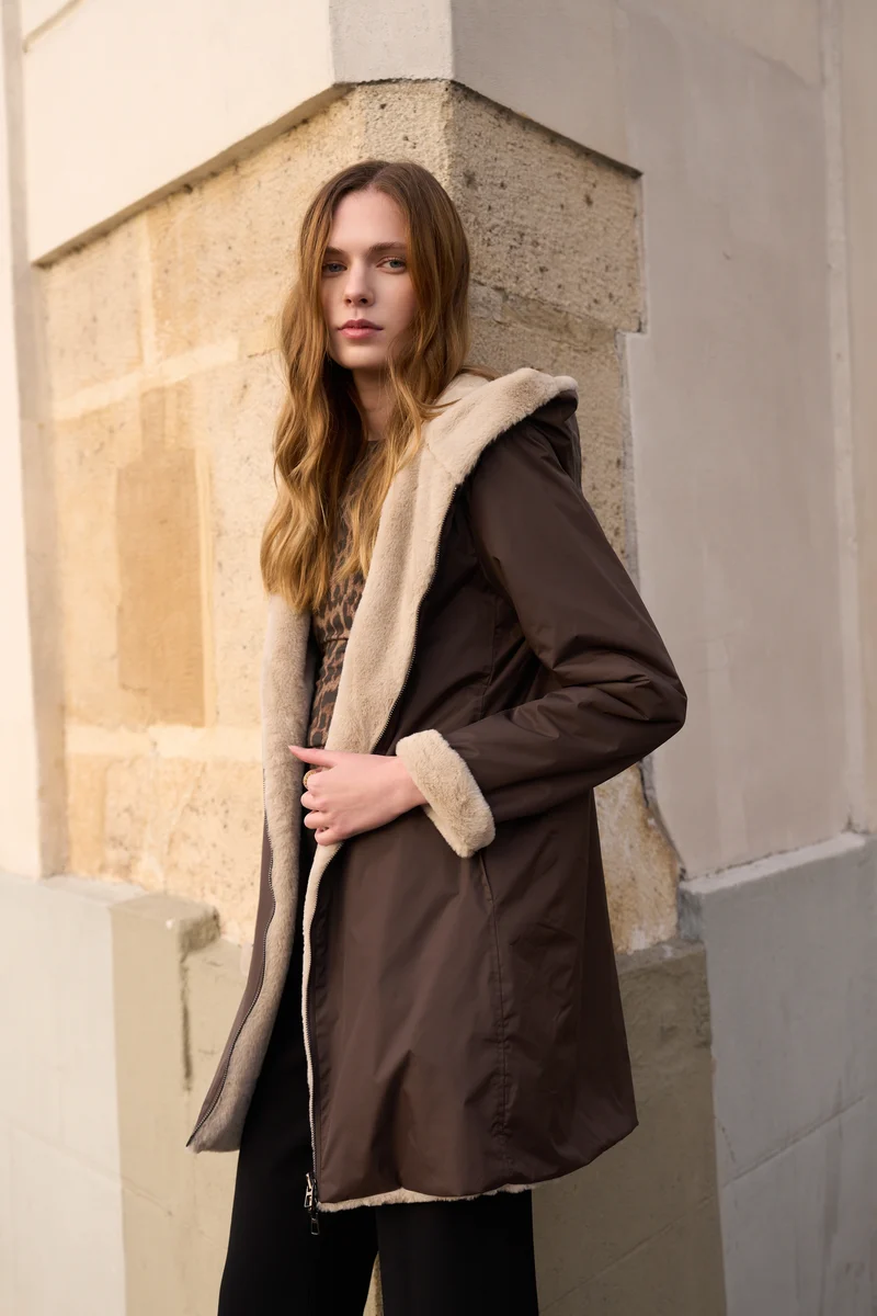 Imperméable fourré réversible long bicolore
